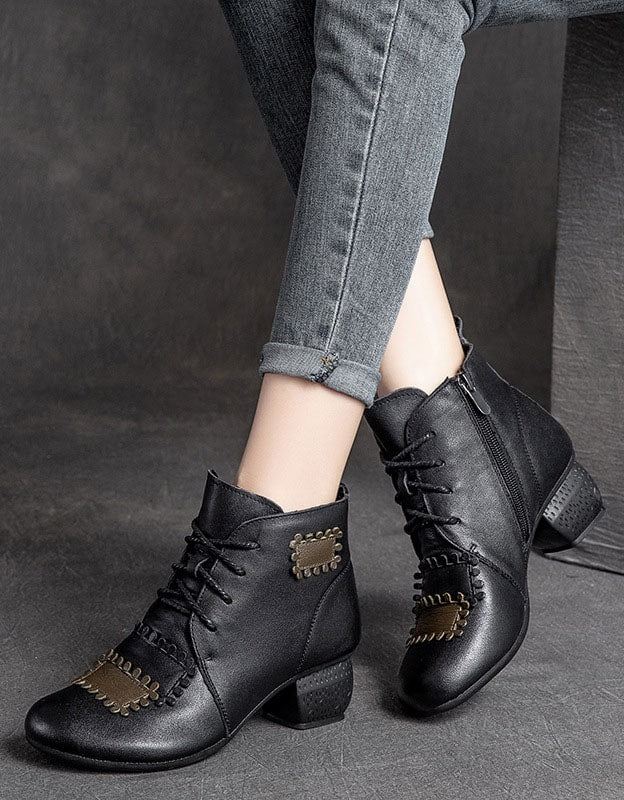 Handgjorda Retro Läder Patch Chunky Boots