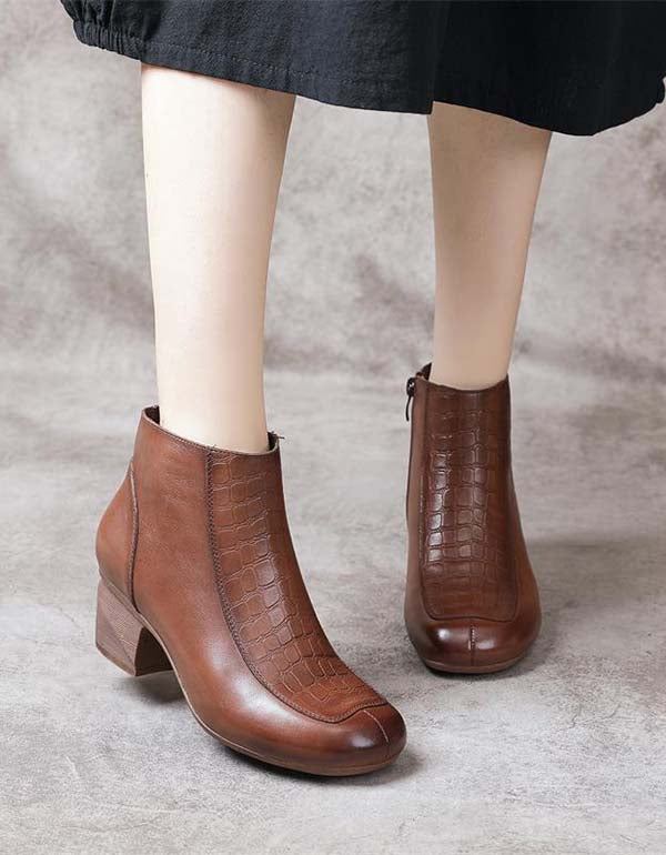 Handgjorda Retro Läder Polerade Chunky Heel Boots