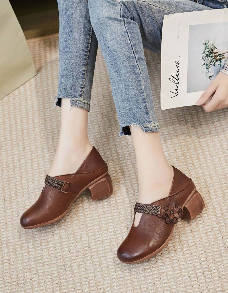 Handgjorda Retro Leather Spring Chunky Shoes