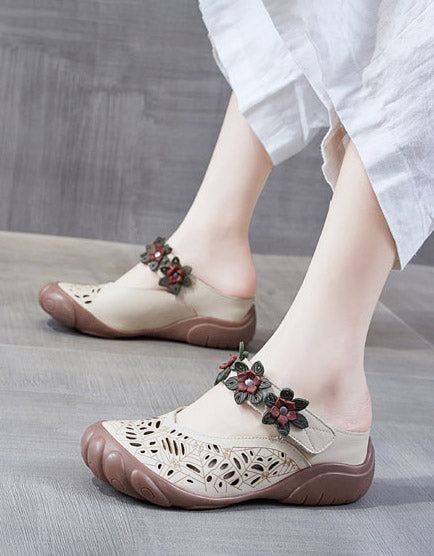 Handgjorda Retro Leather Summer Wide Feet Tofflor