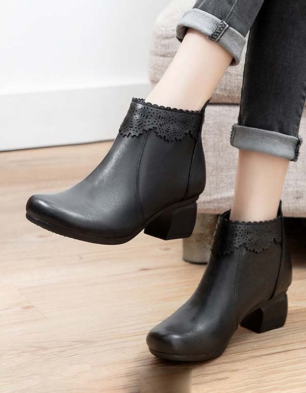 Handgjorda Snidade Retro Läder Chunky Boots