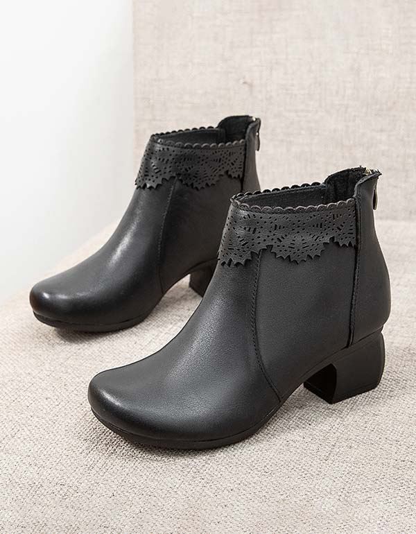 Handgjorda Snidade Retro Läder Chunky Boots