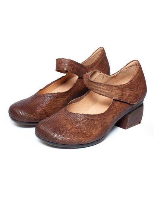 Vintage Läder Bekväma Chunky Heels Pumps