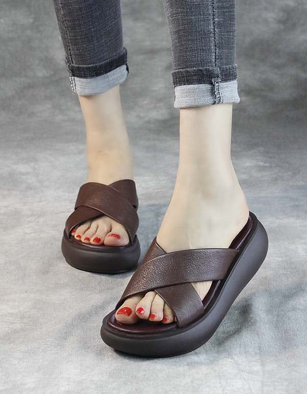 Handgjorda Retro Cross Strap Wedge Tofflor