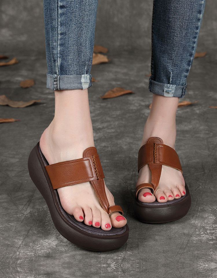 Handgjorda Retro Läder Flip Flop Wedge Sandaler