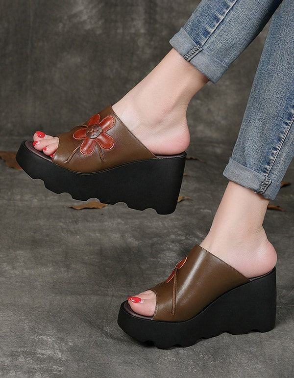 Handgjorda Retro Summer Black Wedge Tofflor