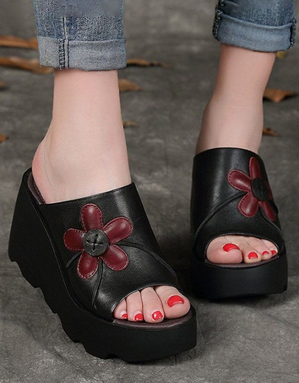 Handgjorda Retro Summer Black Wedge Tofflor