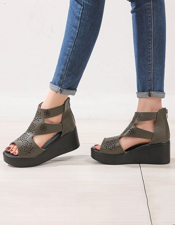 Kvinnor Handgjorda Retro Cut-out Wedge Ankel Sandaler