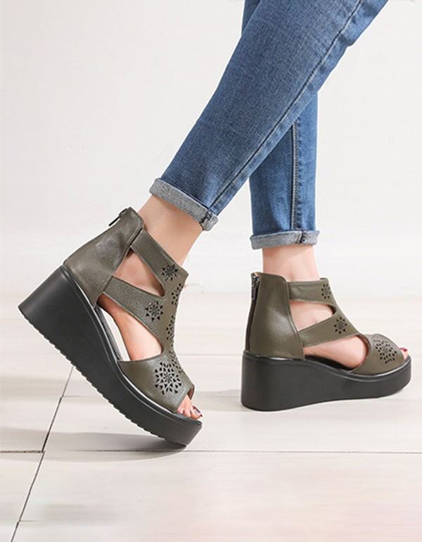 Kvinnor Handgjorda Retro Cut-out Wedge Ankel Sandaler