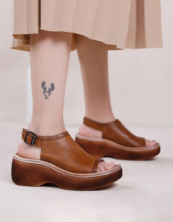 Retro Leather Summer Open Toe Platform Sandaler