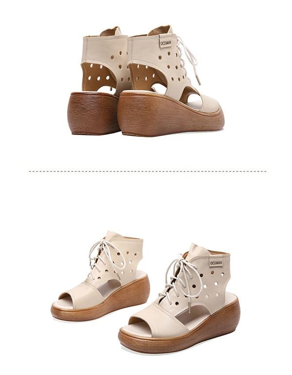 Sommar Retro Läder Lace-up Wedge Sandaler