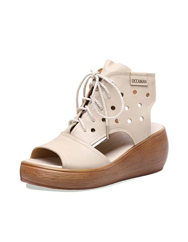 Sommar Retro Läder Lace-up Wedge Sandaler