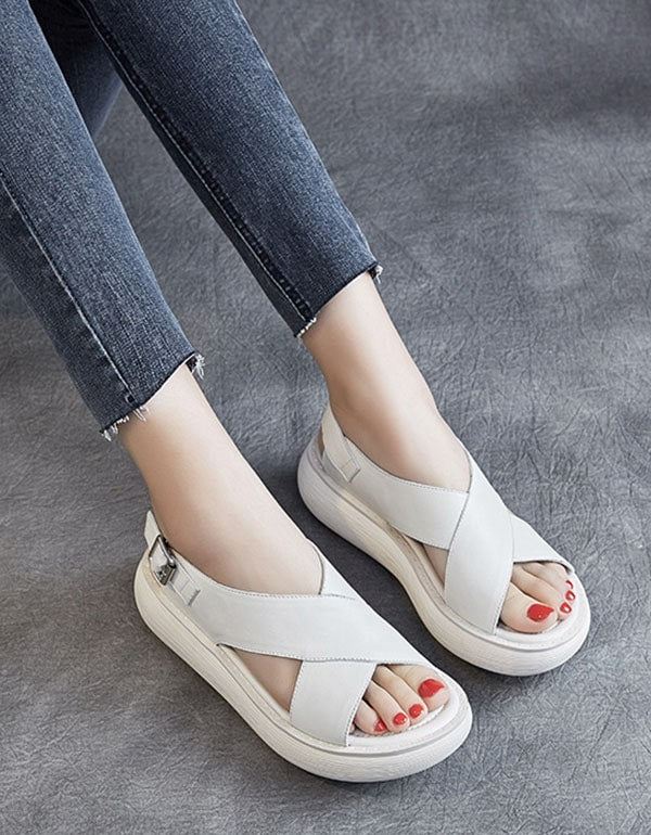 Summer Cross Strap Slingback Wedge Sandaler Vit