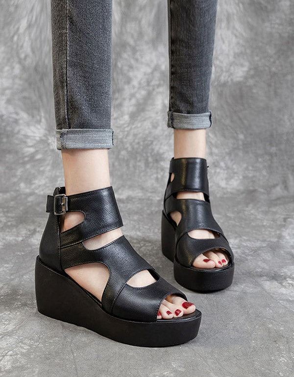 Summer Leather Open Toe Black Wedge Sandaler 42