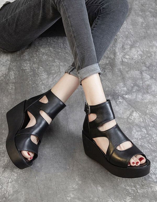 Summer Leather Open Toe Black Wedge Sandaler 42