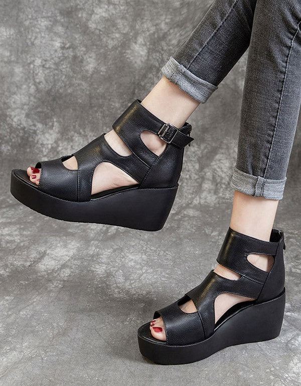 Summer Leather Open Toe Black Wedge Sandaler 42