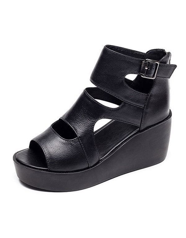 Summer Leather Open Toe Black Wedge Sandaler 42