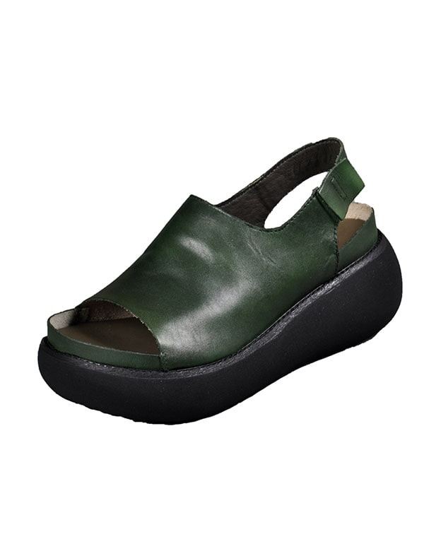 Summer Retro Läder Sandaler Med Öppen Tå Med Kil