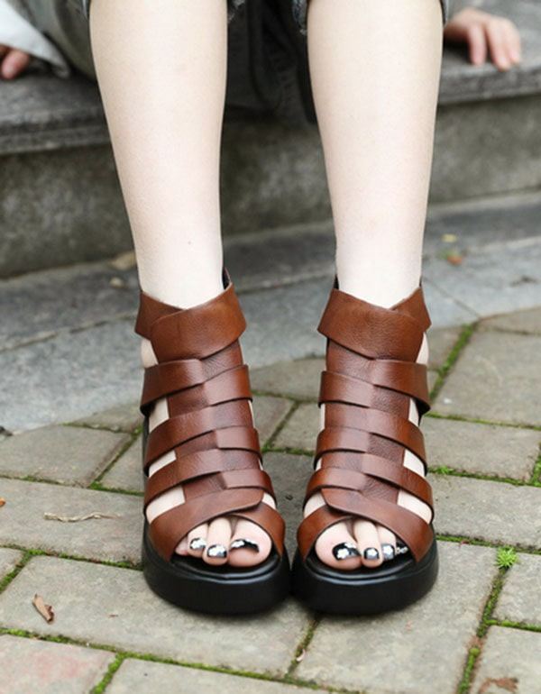 Summer Retro Leather Ankel Straps Wedge Sandaler