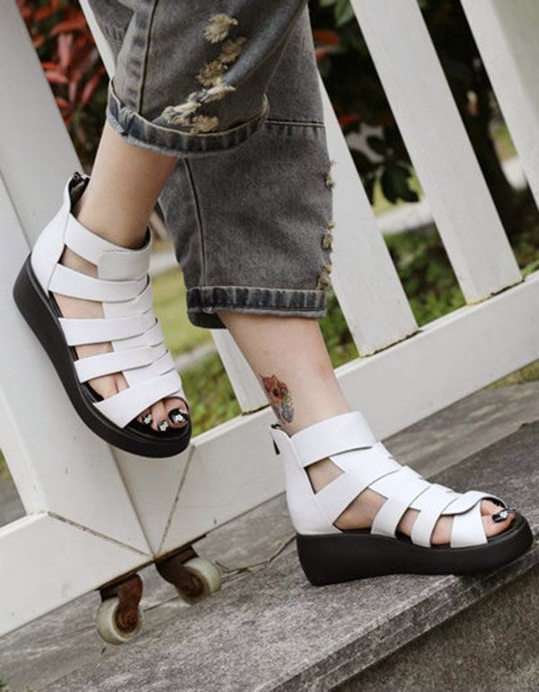 Summer Retro Leather Ankel Straps Wedge Sandaler