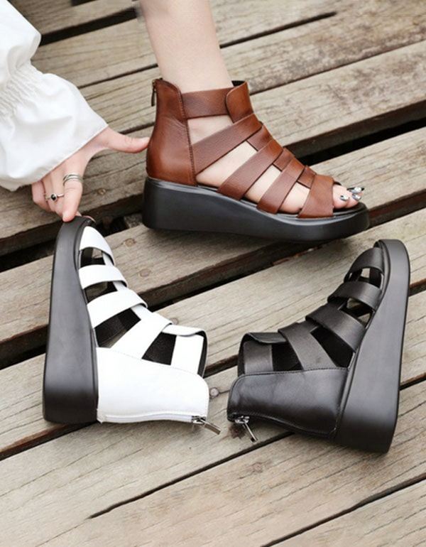 Summer Retro Leather Ankel Straps Wedge Sandaler