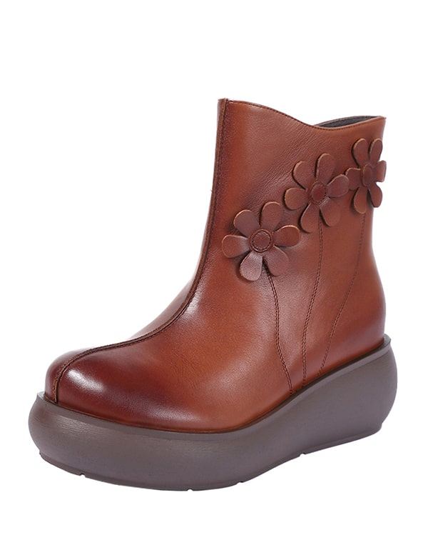 Flower Retro Leather Wedge Ankel Boots