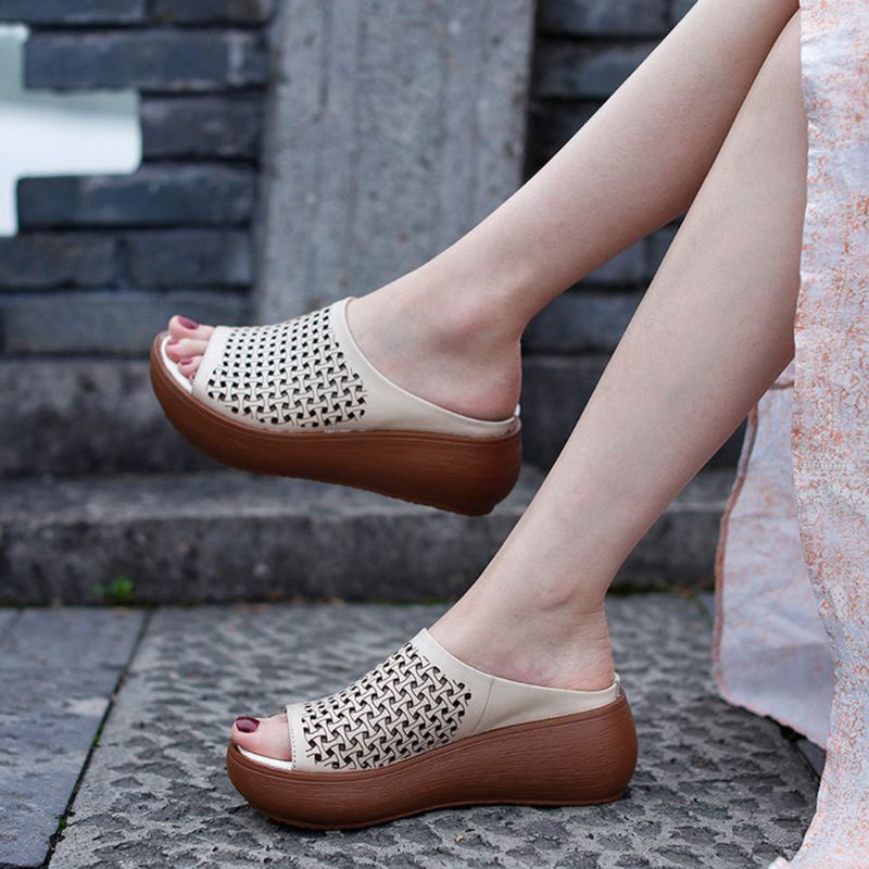 Handgjorda Läder Hollow Summer Wedge Tofflor