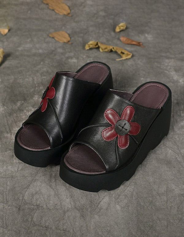 Handgjorda Retro Summer Black Wedge Tofflor