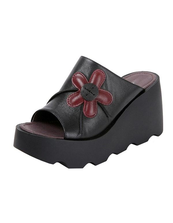 Handgjorda Retro Summer Black Wedge Tofflor