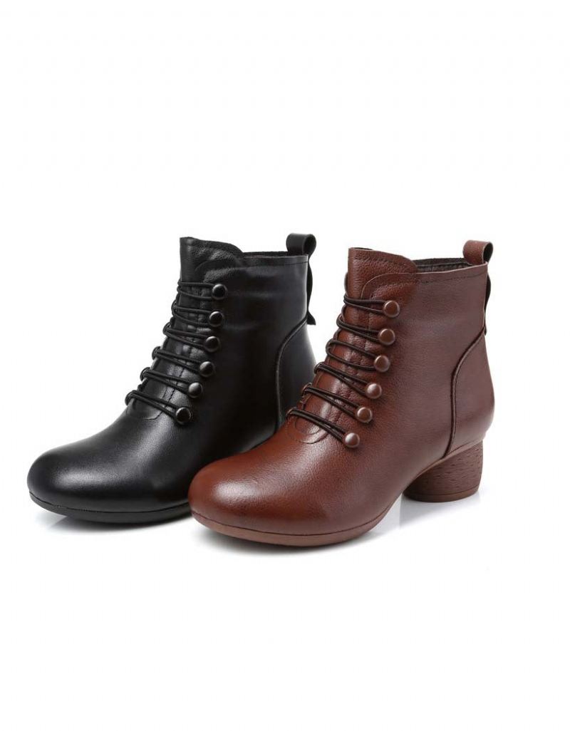 Höst Vinter Retro Läder Bekväma Kvinnor Chunky Boots