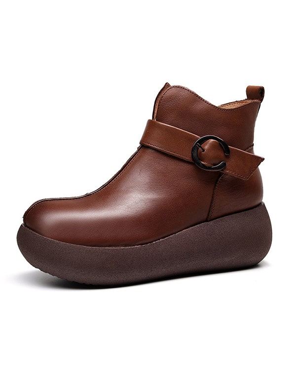 Kvinnor Retro Läder Spänne Plattform Boots