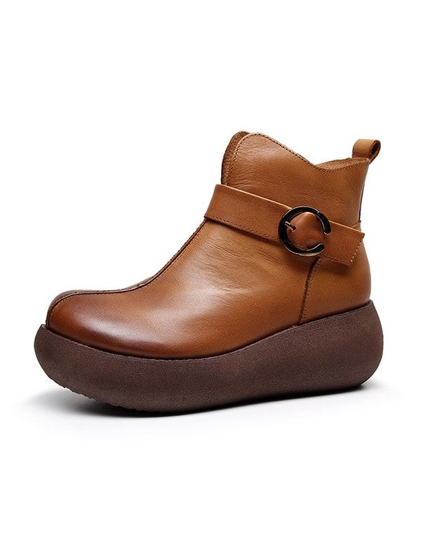 Kvinnor Retro Läder Spänne Plattform Boots