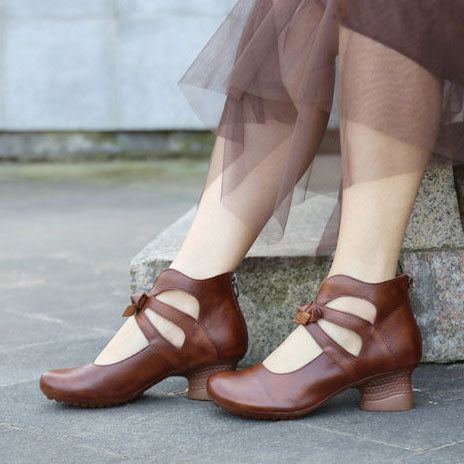 Läder Retro Elegant Chunky Shoes För Kvinnor| Present Skor