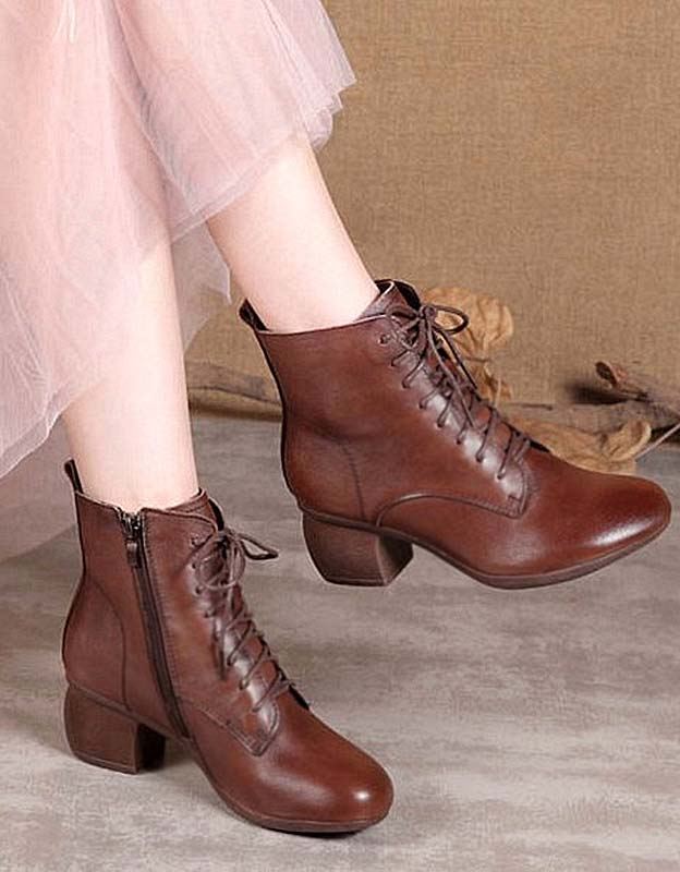 Retro Läder Snörning Chunky Heels Boots