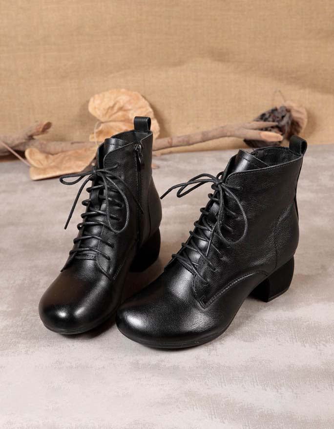 Retro Läder Snörning Chunky Heels Boots