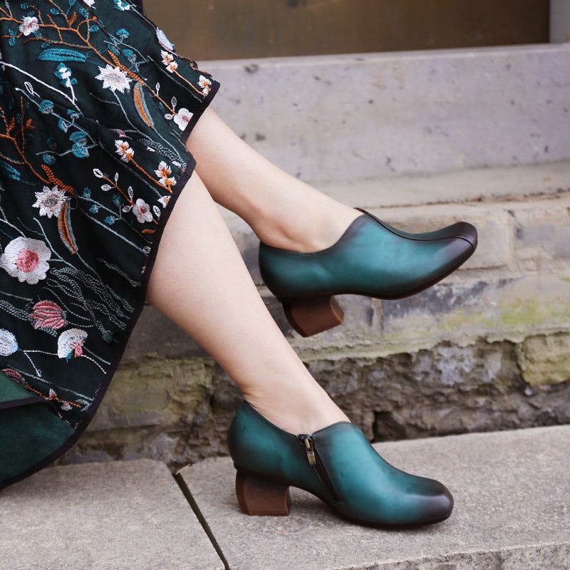 Spring Peacock Blue Vintage Chunky Heels