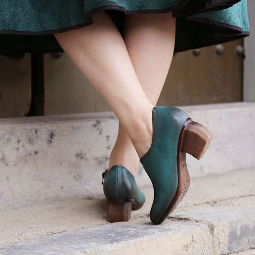 Spring Peacock Blue Vintage Chunky Heels