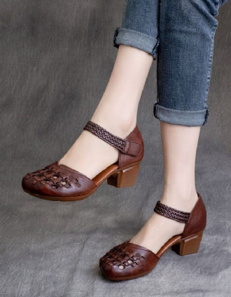 Spring Retro Läder Handgjorda Vävda Chunky Heels Skor