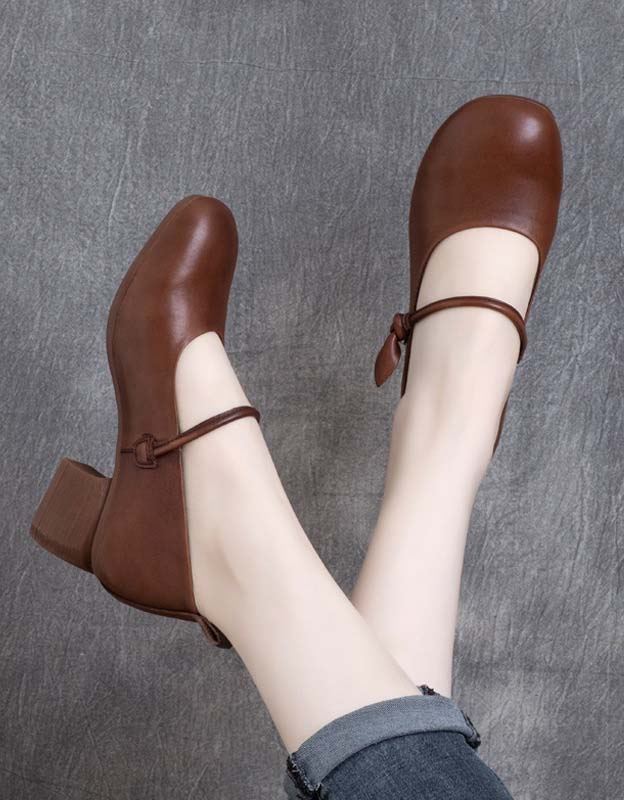 Spring Retro Läder Round Head Chunky Shoes